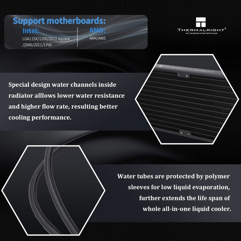 Thermalright مبرد مياه متكامل فريزن بريزم 360 أسود، مبرد سائل لوحدة المعالجة المركزية، نظام تبريد مائي بمراوح 3×120 مم PWM، سرعة عالية 1850 دورة في الدقيقة، متوافق مع AMD/AM4/AM5 وIntel LGA1151/1200/2066/1700 - Image 3